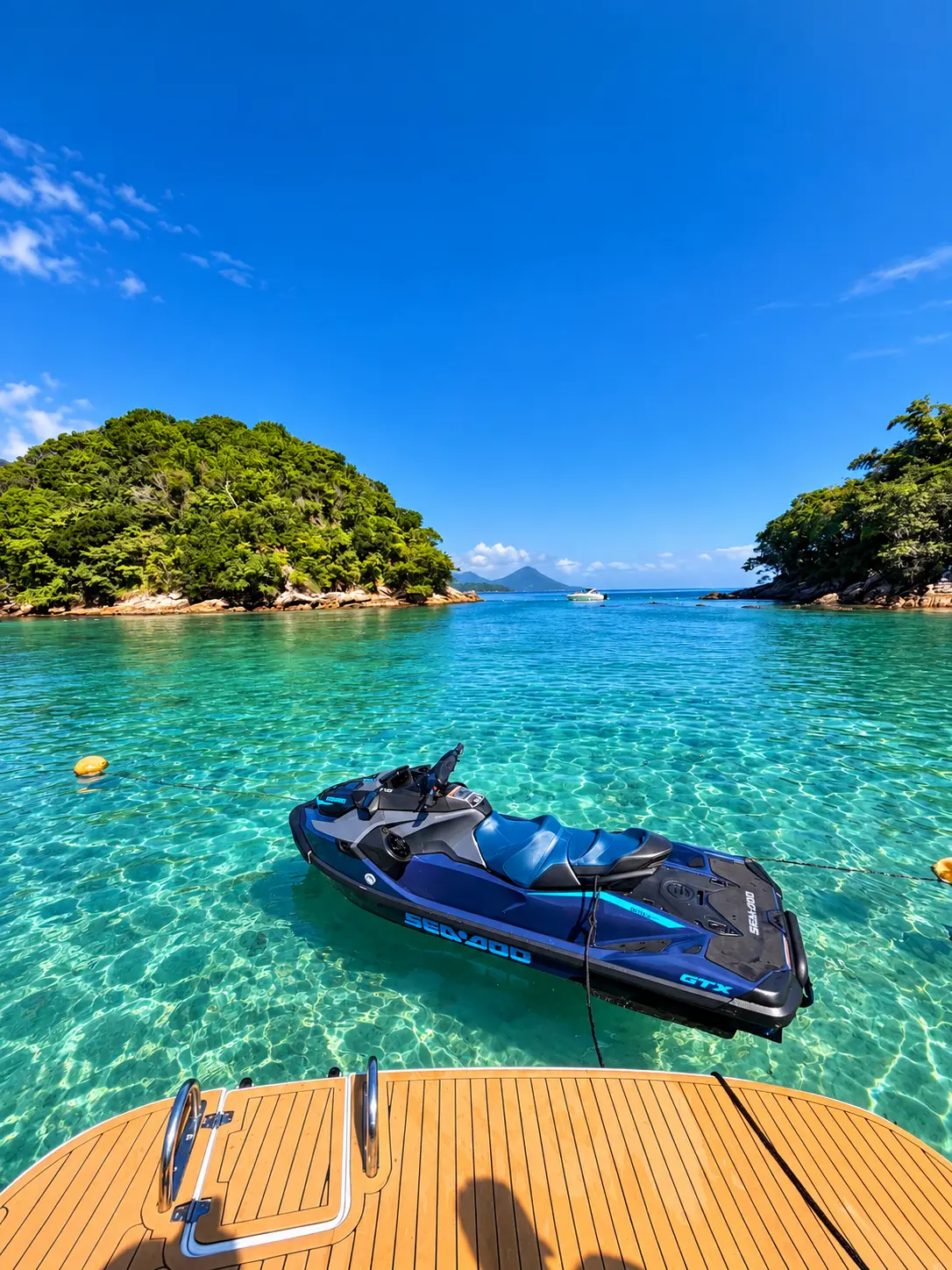 Moto acuática Sea-Doo junto a la lancha en una ensenada de aguas transparentes